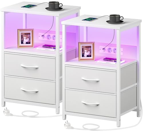 Rolanstar Comodini con Prese e Porte USB, Set da 2, Tavolini Camera da Letto con Luci LED, 2 Cassetti in Tessuto e 3 Ripiani, Comodini con Stazione di Ricarica per Camera da Letto, Bianco x2
