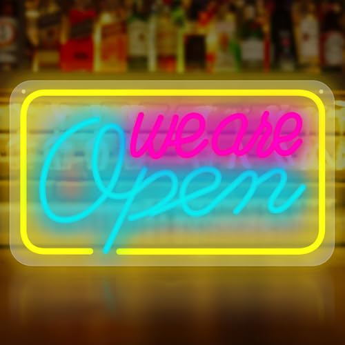 GOEDCH Insegne al Neon a LED WE ARE Open: 42X23 CM Open Sign, Un'insegna al Neon Colorata Composta da Giallo, Rosa e Blu, Lettera Aperta Luce per Bar, Negozio, Salone, Hotel e Caffè