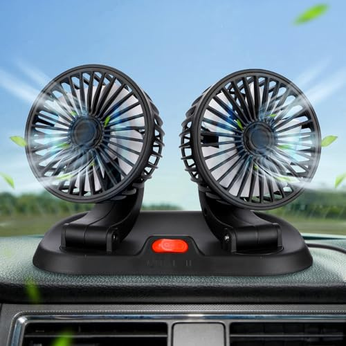 Ventilatore Auto Doppia Testa Ventilatore, 360° Ruotabile Ventilatore Silenzioso Potente, 2 Velocità USB Portatile Ventilatore da Auto con Numero Paster Ventilatore da Tavolo per Auto Ufficio Casa