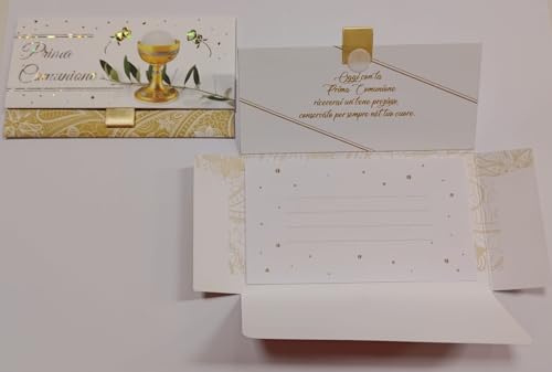Dream' s Party Biglietto augurale a Pochet - PRIMA COMUNIONE - Bianco e oro con stampa Calice - PRODOTTO IN ITALIA - biglietto di auguri ideale per accompagnare il regalo