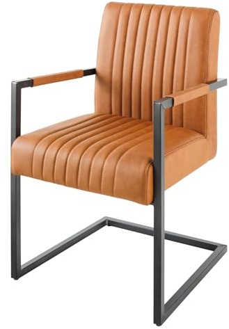 Stuhl BIG ASTON - 55cm - cognac - Echtleder Metallrahmen Freischwinger | Federkern-Komfort, Armlehne, pflegeleicht, langlebig, stabil, Esszimmerstuhl, hoher Komfort, bequeme Polsterung