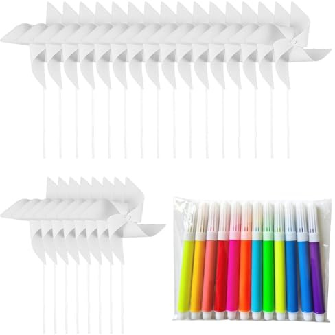 FeiFanChoice DIY Pinwheels Craft, 24PCS White Windmill Spinners with 12PCS Multi-Color Watercolor Pens, Arts and Crafts for DIY Activities, Easter Basket Stuffers, Art Work & Hand Crafting
