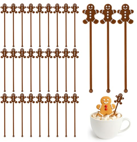 30pcs Christmas Drink Stirrers, Reusable Plastic Stir Sticks Cute Swizzle Sticks for Cocktail Coffee Hot Cocoa Beverage Supplies & Xmas Party Decorations (Brown)