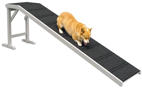 PawHut Hunde-Rampe für Bett, Haustier-Rampe für Hunde mit rutschfestem Teppich und oberer Plattform, weiß & grau