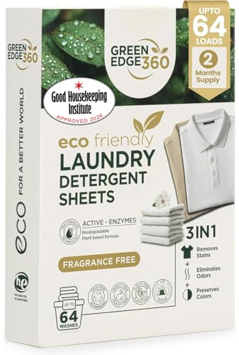 Green Edge 360 Laundry Detergent Sheets Eco-Friendly, Plant-Based Natural Washing Detergent for Up to 64 Loads Travel Friendly, Hot and Cold Washes (64 Sheets (1 Pack), Fragrance Free)