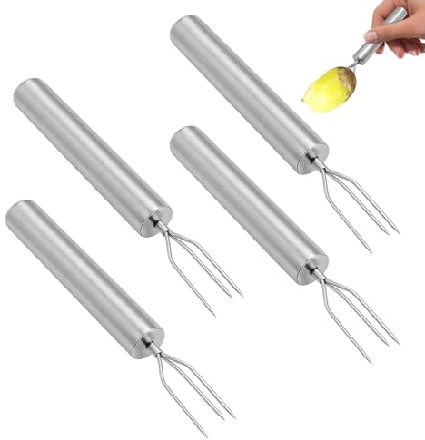 A 4-piece stainless steel potato fork set, with dimensions 18.3 x 1.9 cm, jacket potato fork, suitable for boiled potatoes, fruit and vegetables, scraper fork, an aid for peeling jacket potato holder