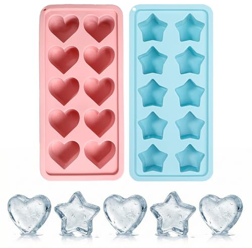 2 Pcs Soft Silicone Ice Cube Trays, Heart Star Food-Grade Chocolate Molds | Reusable, Novelty, for Whiskey Cocktail DIY Desserts Valentine's Day