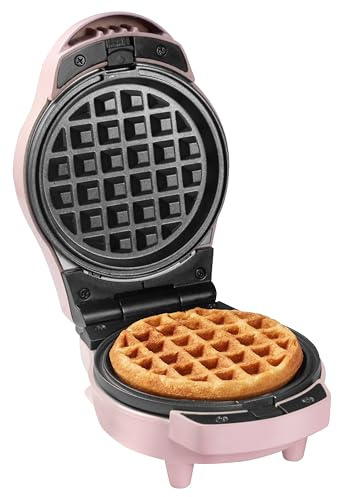 Bestron Mini-Waffeleisen 12,5 cm – Runde & Herzförmige Platten – Antihaftbeschichtung – Cool-Touch-Griffe – Betriebs- & Bereitschaftsanzeige – Mini-Brüsseler-Waffelmaschine – Rosa – AMW500PD