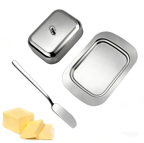 Tokaneit Butter Dsh with Ld and Butter Scraper, Butter Dish Stainless Steel, Compatible with Common Butters Sizes, Sealed and Freshening Design for Refrigerator Tabletop Use
