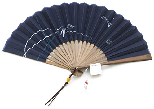 Maisendo Handfächer Kyoto Tonbo, Blau, Bambus Holz und japanische Baumwolle, Leinen Premium-Qualität ideal als Geschenk mit Stoff Etui und Geschenkbox