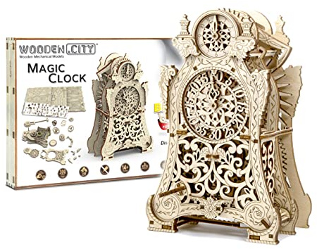 WOODEN.CITY Holz Mechanische Modellbausatz - 3D Puzzle Magische Uhr, Holzpuzzle Erwachsene, Laserschnitt Größe 129mm x 141mm x 218mm, DIY Spielzeug, Rätsel für Erwachsene, Hobby