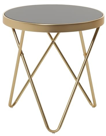 FineBuy Design Beistelltisch Parma 42 x 46 x 42 cm rund schwarz/Couchtisch matt Gold, Designer Glas Wohnzimmertisch modern, Glastisch mit Metallgestell, Kleiner Sofatisch