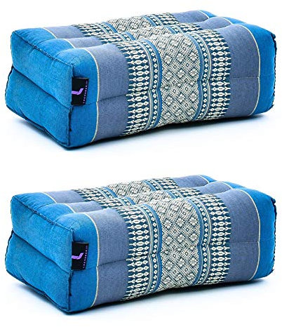 Leewadee set de 2 bloques de yoga pequeños – Cojines para pilates, almohadas para el suelo hechas a mano de kapok, 35 x 18 x 12 cm, set de 2, Azul Claro