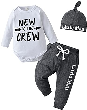 Tinykeke Neugeborenes Baby Jungen Kleidung Langarm Strampler New to The Crew Tops + Hut + Hose 3 tlg Babykleidung Set (0 Monate)
