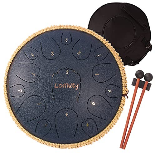 LOMUTY Stahlzungentrommel, 13 Zoll Steel Tongue Drum, D-Dur 15 Noten, Handtrommel HandPan Drum mit Drumsticks/Tragetasche(Marine)