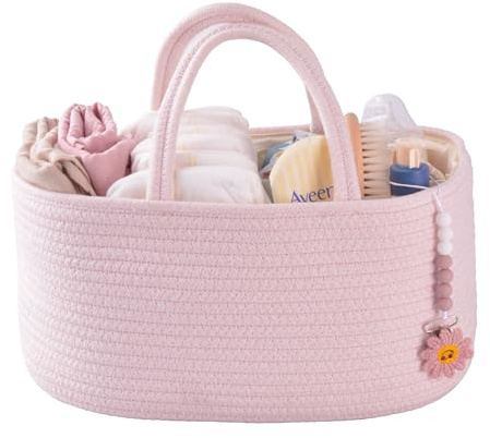 Baby Diaper Caddy Organizer for Girl Boy Rope Nursery Storage Bin Basket Portable Holder Tote Bag for Changing Table Car Travel Baby Shower Gifts Newborn Essentials Registry Must Have Items Pink