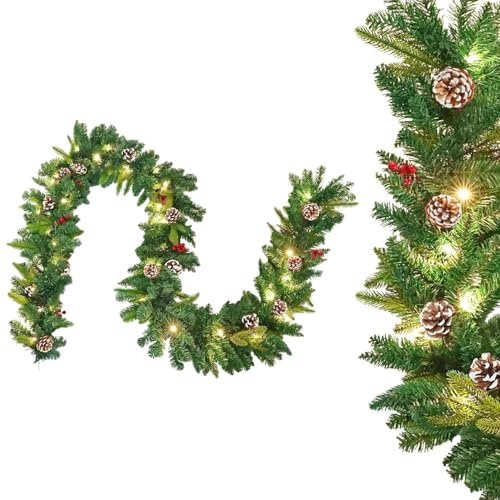 UISEBRT Weihnachtsgirlande mit Beleuchtung Tannengirlande 5m, mit 75 LEDs Tannenzapfen Rote Beere Künstliche Girlande Weihnachtsdeko Weihnachtskranz für Innen & Außen (Typ A mit Lichterkette)