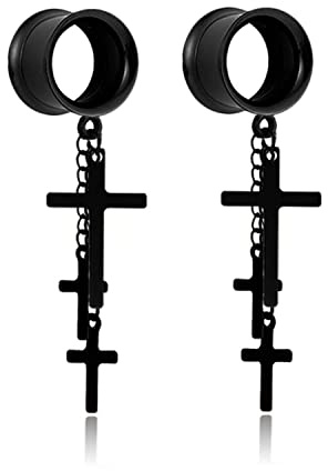 XINHE 2 STÜCKE Edelstahl Schwarz Punk Kreuz Edelstahl Tunnel Stecker Messgeräte Ohren Piercing Schmuck für Frauen Herren,10mm(00g)