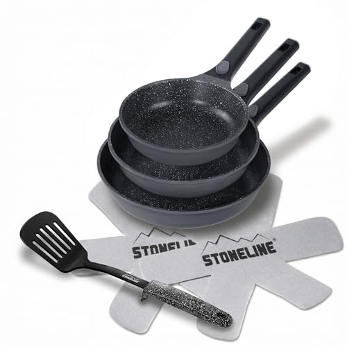 STONELINE SMART Set de poêles et faitouts 8 pièces, en fonte d'aluminium avec couvercle, Poignée amovible, Casserole Poêle Induction, Tous feux, Antiadhésif avec vraies particules de pierre, Gris