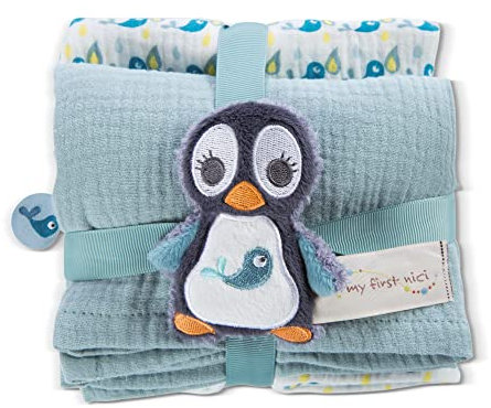 NICI Set Pinguin Watschili: 2X weiches Mulltuch 60x60 cm + 1x Flauschiger Baby-Greifling 10 cm–Schmusetücher & Baby-Kuscheltier ab 0+ Monaten–Schnuffeltuch/Schmusetier für Mädchen & Jungen, 48048