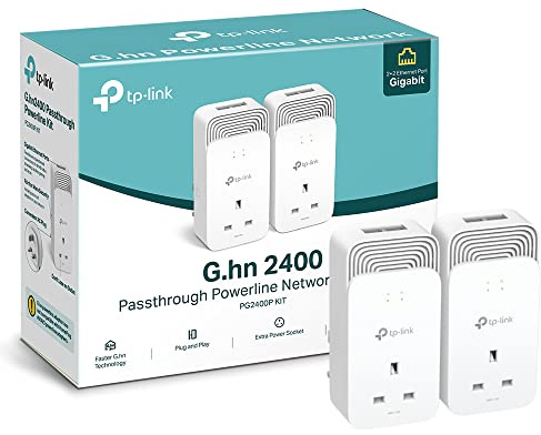 TP-Link Kit de Inicio de Adaptador Powerline Passthrough con Cable, protocolo avanzado G.hn MIMO, Toma de Corriente Adicional, 2+2 Puertos Gigabit Ethernet, no Requiere configuración, Plug and Play,