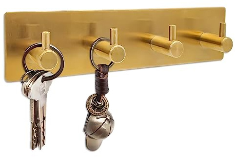 soclim Self Adhesive Key Hook Rack with 4 Hooks for Keys, Masks - Wall Mounted Entryway, Hallway Hanger - Gold
