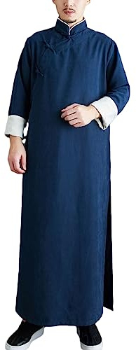 Ystylee Men Chinese Traditional Cheongsam Long Robes Coat Suit Kung Fu Tai Chi Cosplay Crosstalk Performance Clothing (as1, alpha, m, regular, regular, Navy)