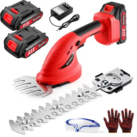 Cordless Hedge Trimmer - 21V Powered Electric Shrub/Grass Trimmer with 2 Pack Rechargeable Battery - 2 in 1 Handheld Grass Cutter + Hedge Shears for Gardening, Lawn, Yard