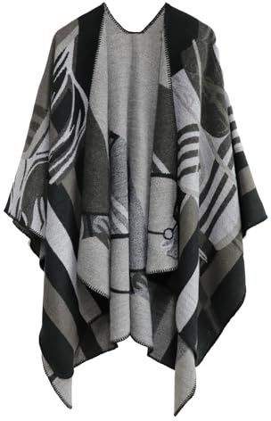 Shmily Girl Poncho Châle Femme Écharpe Cape Épaissie Elégant Chaud Hiver Grand Taille Foulard Chaud Ouverture Cachemire d'imitation Douce Châle(Cheval-Noir)