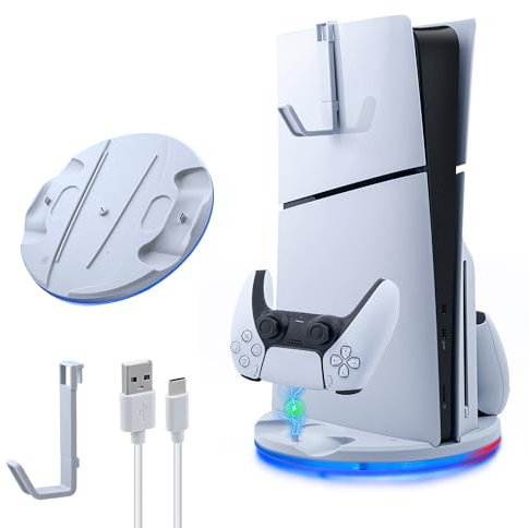 Mcbazel Vertikales Ladegerät PS5 Slim mit LED-Licht, Schnellladebasis für Zwei Controller mit Kopfhörerhaken, für Playstation 5 Slim DE/UHD Konsole – Weiß