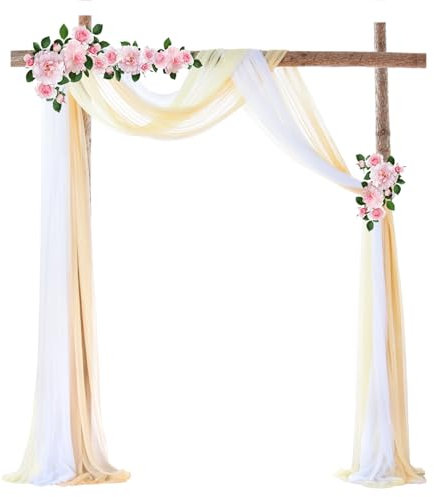 Surwin Hochzeit Vorhang Hochzeitsbogen 3 Stücke Chiffon Stoff Querbehang Deko Gardinen Vorhang Tüll Vorhänge Hochzeitsbögen für Fotografie Party Hochzeit 3 Farben (Gelb,75x550cm(18FT))