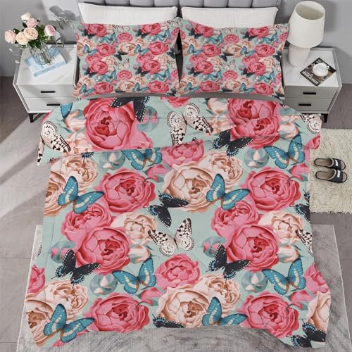 buyluhn Kinderbettdecke 100x135 Ohne Bezug Nutzbar，4 Jahreszeiten Bettdecken Blumen Kinder Steppdecke Schmetterling Ganzjahresdecke，Waschbar Bettzeug mit 1 Kissenbezug für Sommer Winter