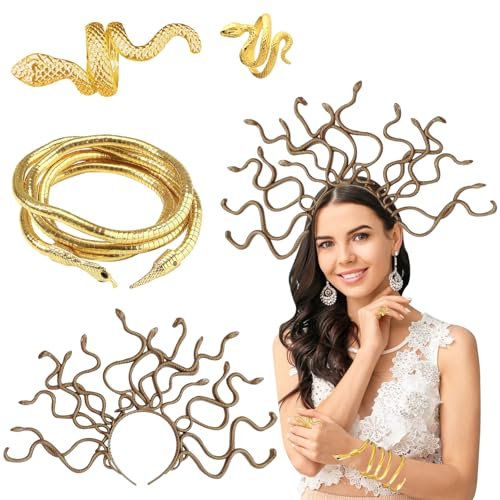 ARONRAVE Medu-sa Schlangen Haarreif Medu-sa Kopfschmuck Schlangen Halskette Armband Snake Headband Damen Schlange Kostüm für Halloween Party Kostüm