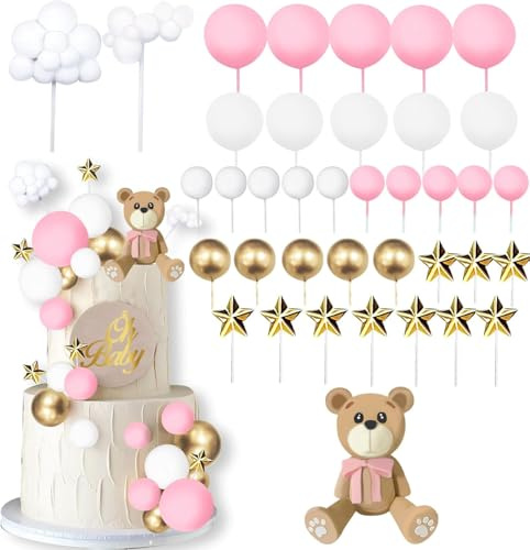 Tortendeko Bär Rosa, 38 Stück Teddybär Kuchen Dekoration Bär Kuchen Deko Torten Deko Bär Cake Topper Babyparty Tortendeko Kugeln Bär Geburtstagstorte Deko für Baby Dusche Hochzeit Geburtstag Babyparty