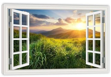 RXNHGJDS Fensterblick Bilder auf Leinwand,Graslandbilder unter dem Sonnenuntergang,Leinwandbild Sonnenuntergang Wandbilder Fensterblick Offenes Fenster Ansicht Bild45x30cm(18x12in) Innenrahmen