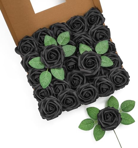 LEUCHTAMOR 25 st konstgjorda rosor blommor svarta falska rosor blommor äkta beröring skum blommor rosor gör-det-själv för bröllop brudbuketter bordsuppsatser blomsterarrangemang fest heminredning