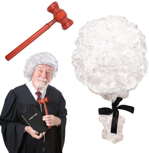 2 Pcs Judge costume accessories Judge Wig Mini Wooden Judge Gavel Toy | Judge Court Lawyer Wig Headwear Party Costume Accessories for Cosplay Role-playing Halloween Costume Accessories Theme Party