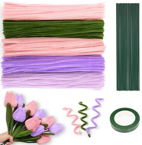 Onlyesh 500 Stück Pfeifenputzer zum Basteln, 5 Farben 30cm Pfeifenreiniger, mit 20 Stück Blütenstiel und Schleifenband, für Blumenstrauß DIY Basteln