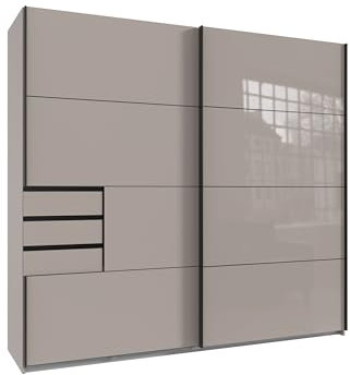 möbelando Schwebetürenschrank >Saigon< mit 2 Türen, Saharagrau + Glas Saharagrau, B/H/T 225/208/64 cm, mit 3 Schubladen, 2 großen und 2 kleinen Einlegeböden, 1 Kleiderstange