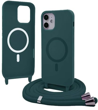 Bigcousin Handykette für iPhone 12 Mini Hülle mit Band,Magnetisch kompatibel mit Magsafe,Silikon Necklace Handyhülle mit verstellbar und abnehmbar,Dunkelgrün