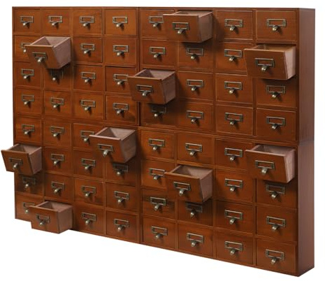 KeruRome 64 Drawers Apothecary Cabinet with Drawers, Tabletop Vintage Apothecary Chests Cabinets Rustic Herb Storage Box, Library Card Catalog Cabinet, Countertop Arts Card Catalog (4Pcs 16Drawers）