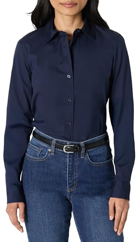 Amazon Essentials Chemise Habillée et Boutonnée en Popeline Extensible Femme, Bleu Marine, L
