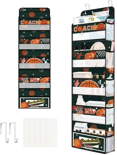 Clastyle Organizador Colgante Puerta Niño Hombre Bola Bolsa Almacenamiento Colgante para Pañales Ropa Juguetes Almacenaje Colgante para Dormitorio Baño Camping, Baloncesto, 5 Bolsillos