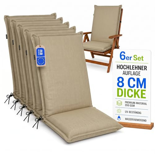 Pillows24 Hochlehner Auflagen 6er Set 120x50x8cm, Wasserabweisend & UV-fest | Premium-Material 200gsm, Extra dicke Polsterung 8 cm, Sitzauflagen Hochlehner, Sitzkissen Gartenstuhlauflagen, Cappucinno