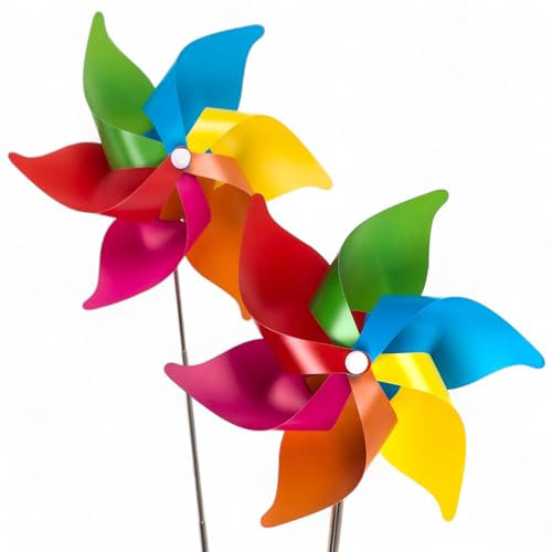 MIJOMA Set di 2 mulini a vento – Decorazione da giardino colorata per bambini e famiglie, girandola a vento in plastica con asta in metallo estraibile (27-61 cm), resistente alle intemperie per