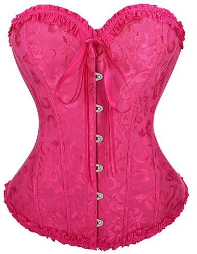 VONMELLI Corsetto Donna Sexy Bustino Shapewear Lingerie Elegante Corsetto Pizzo Fino Disossato Overbust Bustier Lingerie Top per Halloween, Carnevale, Cosplay e Feste Rosa rosa XS