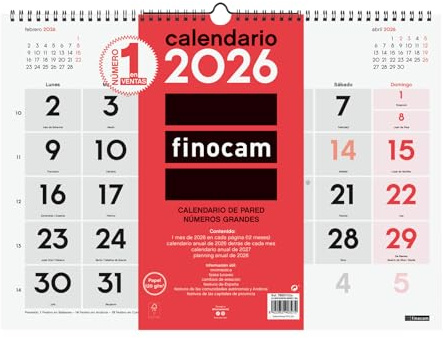 Finocam - Väggkalender stora siffror 2026 månadsvy januari - december 2026 (12 månader) | kalender 2026 | neutral månadsplanerare - spanska