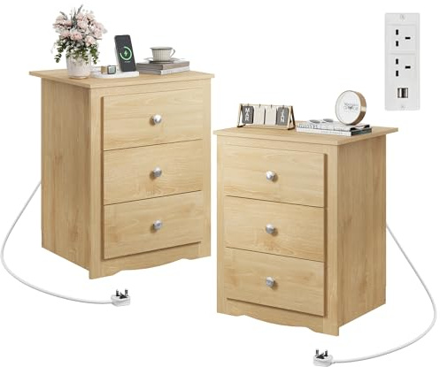 WLIVE 3-Drawer Wooden Bedside Table with Charging Station, USB Ports & Plug Sockets, Nightstand with Storage for Bedroom, Living Room, Office (2, Oak)