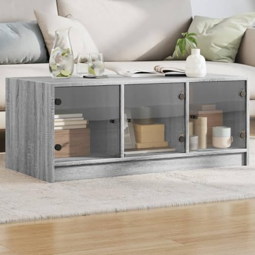 HaoChrymec Couchtisch mit Glastüren Grau Sonoma, Holzwerkstoff und Glas, Modernes Design, Vielseitig als Living Room Table, Coffee Table Living Room, Sofa Tisch, 102 x 50 x 42 cm