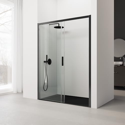 REALSHOWER Mampara de Ducha Corredera Medidas (136 a 140) x 195 cm, Ancho Ajustable, Frontal - 2 hojas: 1 fija, 1 Con Rodamientos - Vidrio 6 mm, Reversible - SERIE 300F - Perfil Color Negro